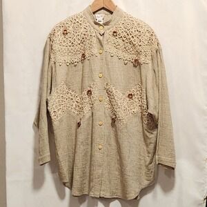 Lim's Vintage Boho Crochet Lace Button Down One Size Wooden Ring Accents Shacket